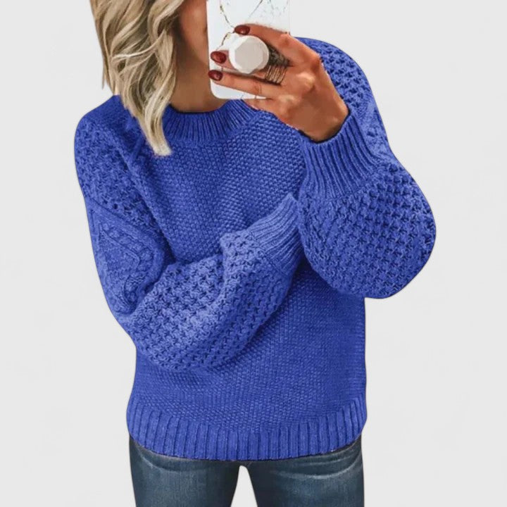 Elegant women's textured puff sleeve sweater with mock neck for chic fall & winter fashion.