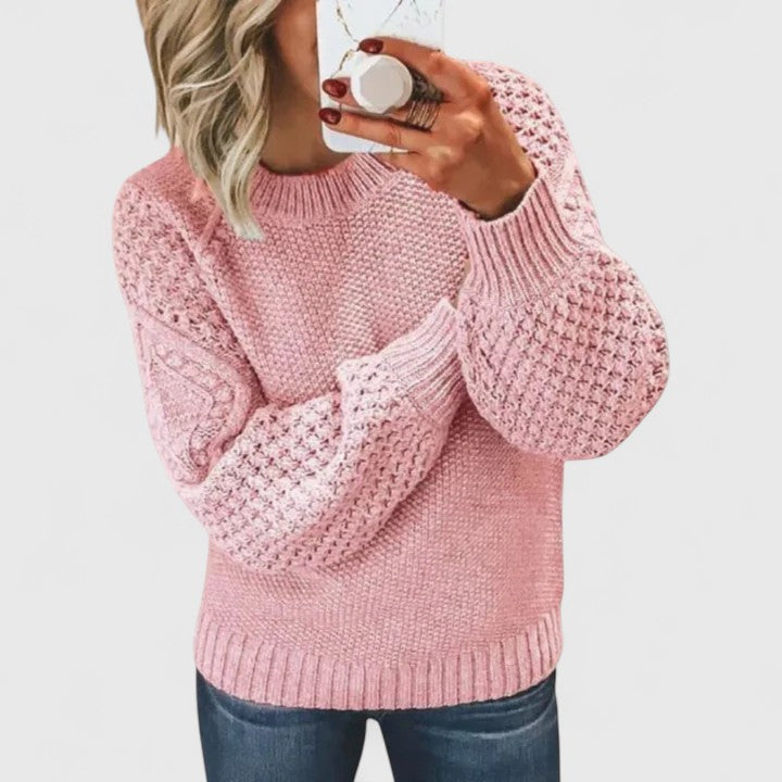 Cozy women's textured puff sleeve sweater, a versatile mock neck top for casual or elegant everyday wear.