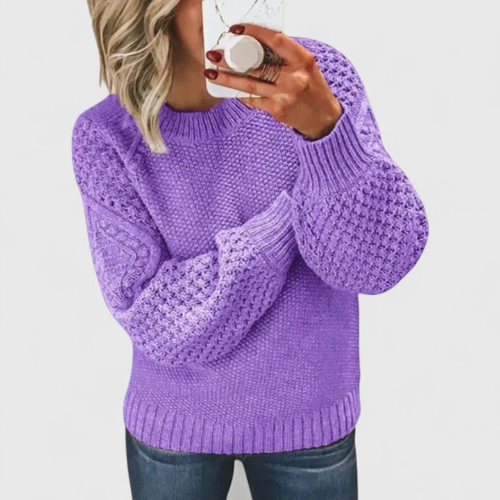 Chic women's textured sweater featuring stylish puff sleeves and a mock neck, perfect for fall fashion.