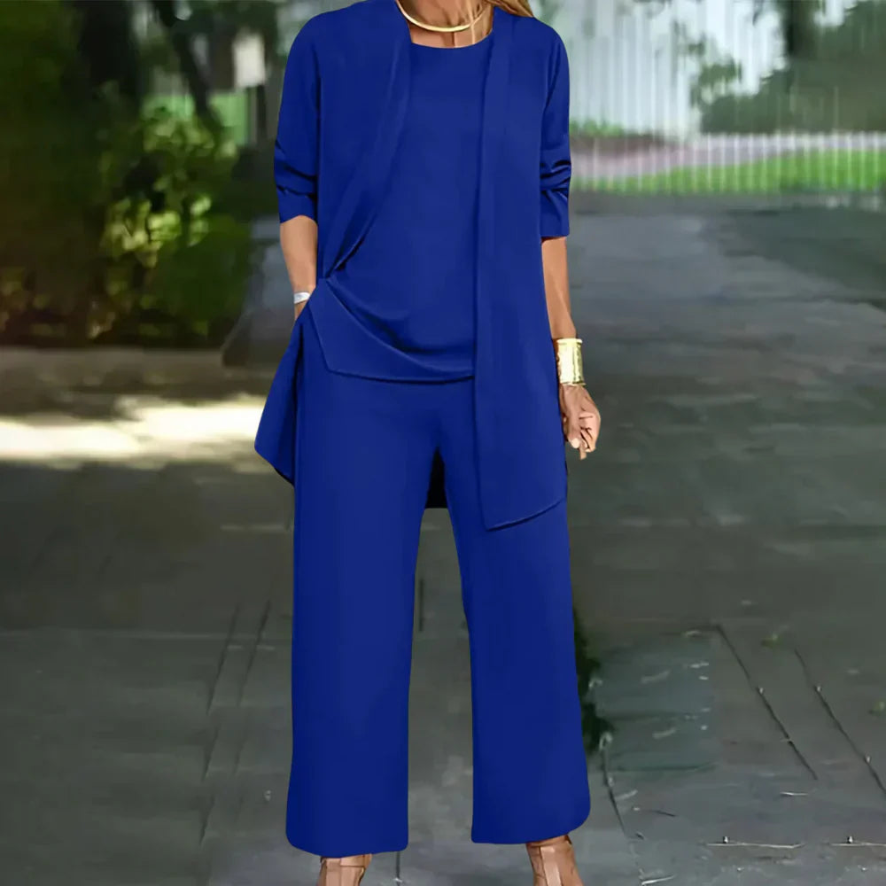 Versatile women's elegant three-piece pantsuit, ideal for business, professional settings, and formal events.