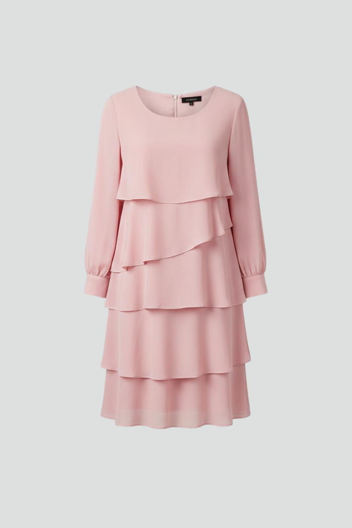 Elegant women's tiered long sleeve dress with a flowing knee-length skirt, perfect for sophisticated style.