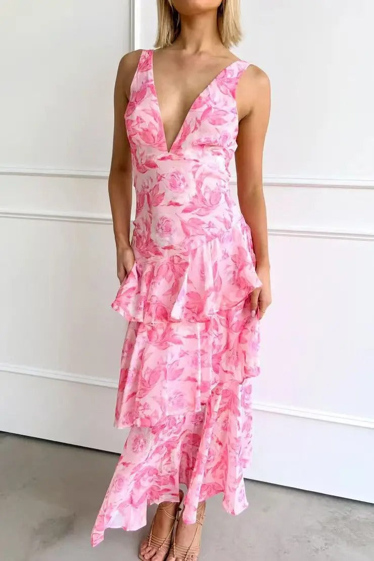 Elegant and flowy women's maxi dress with an attractive floral tiered design
