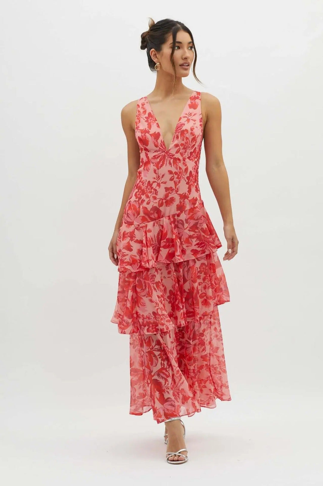 Occasion-ready women's floral tiered maxi dress, elegant and comfortable