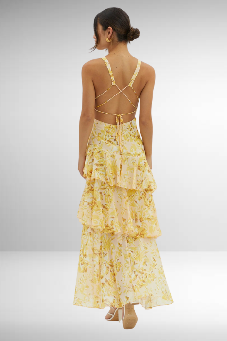 Elegant women's tiered maxi dress, adorned with a lovely floral print