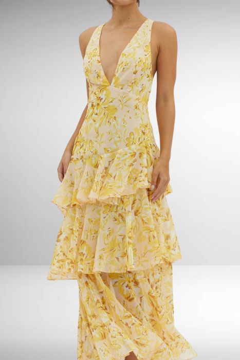 Trendy women's floral tiered maxi dress, perfect for spring and summer elegance