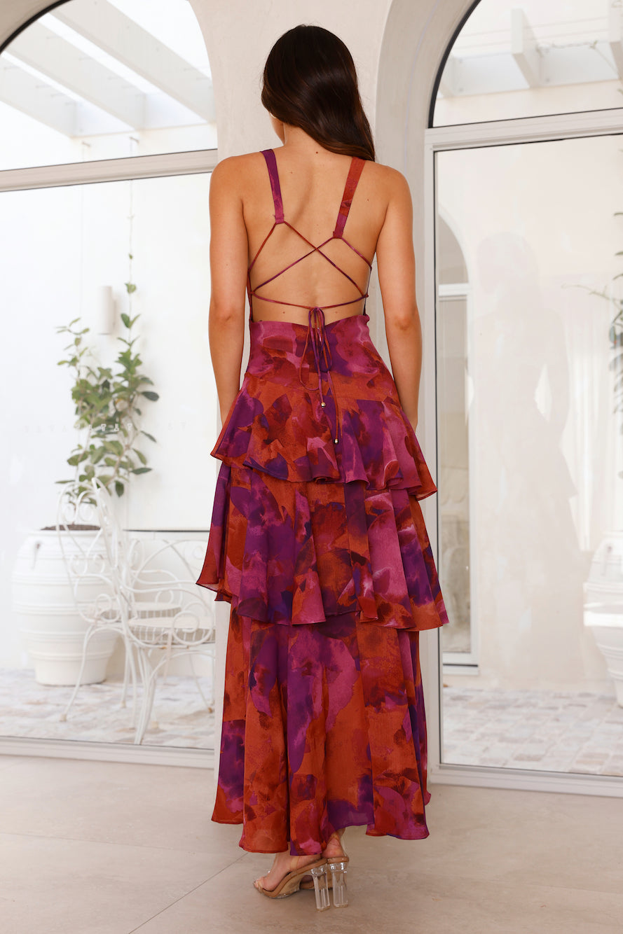 Beautiful women's floral print tiered maxi dress, a quintessential summer style