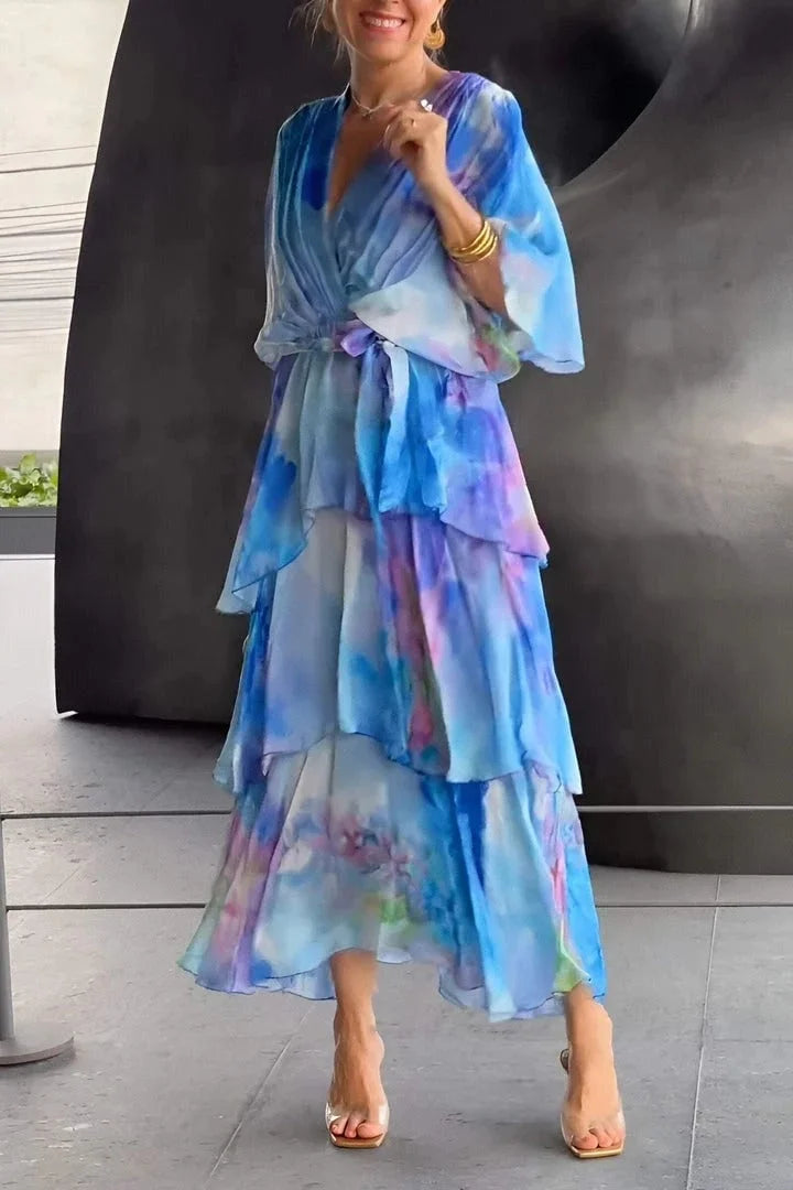Elegant women's tiered wrap dress for evening parties. Perfect for galas & special occasions.
