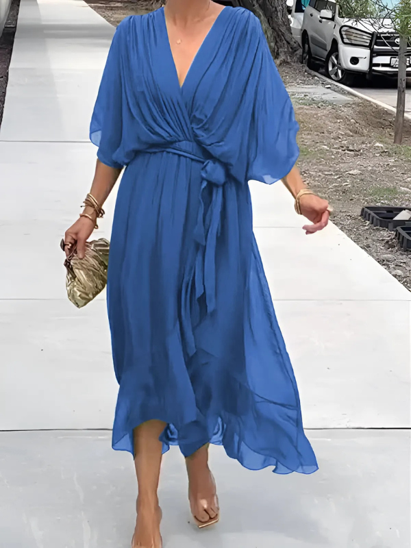 Flattering elegant women's wrap midi dress, designed for comfort and timeless style, suitable for any occasion.
