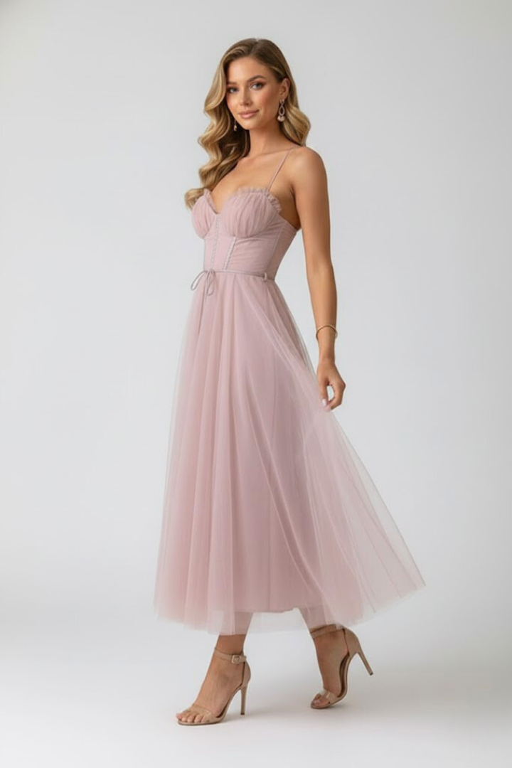 Women's formal tulle midi dress, ideal for wedding guests, parties, or cocktail events. Sweetheart neckline.