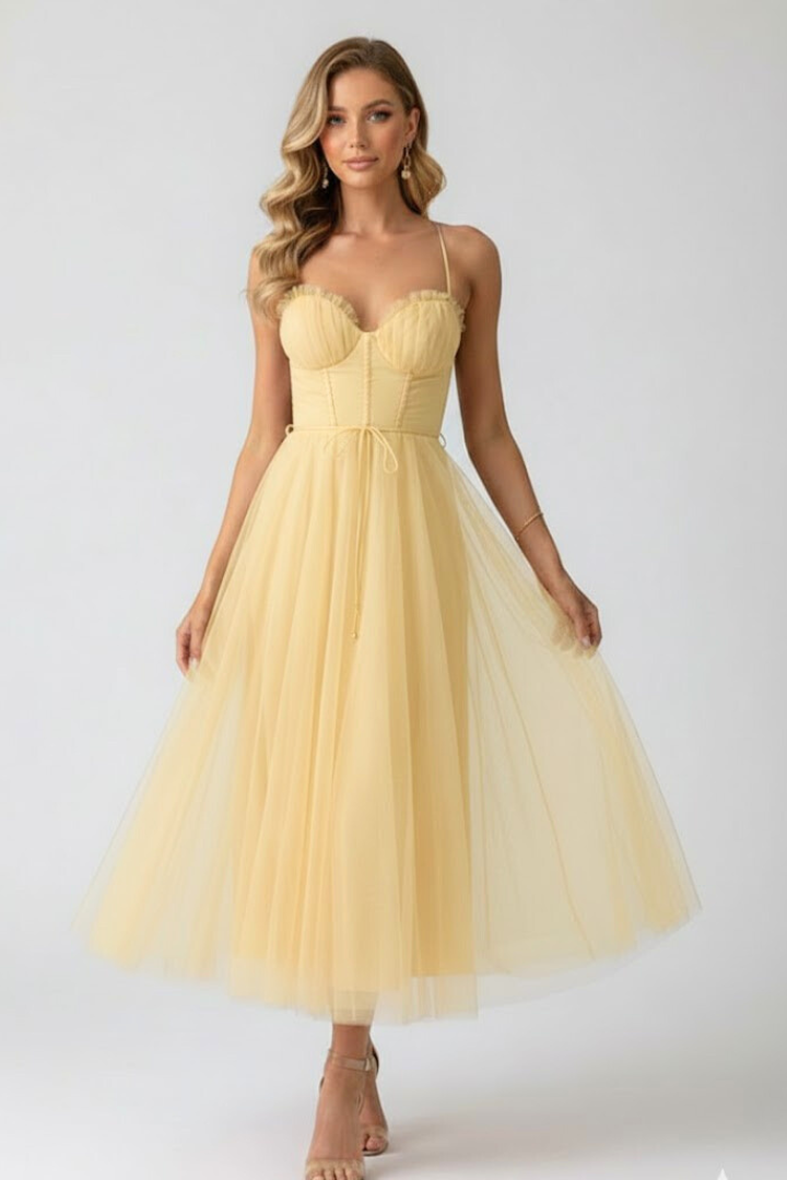 Women's special occasion tulle dress, midi length, sweetheart neckline, flattering silhouette. Party perfect.