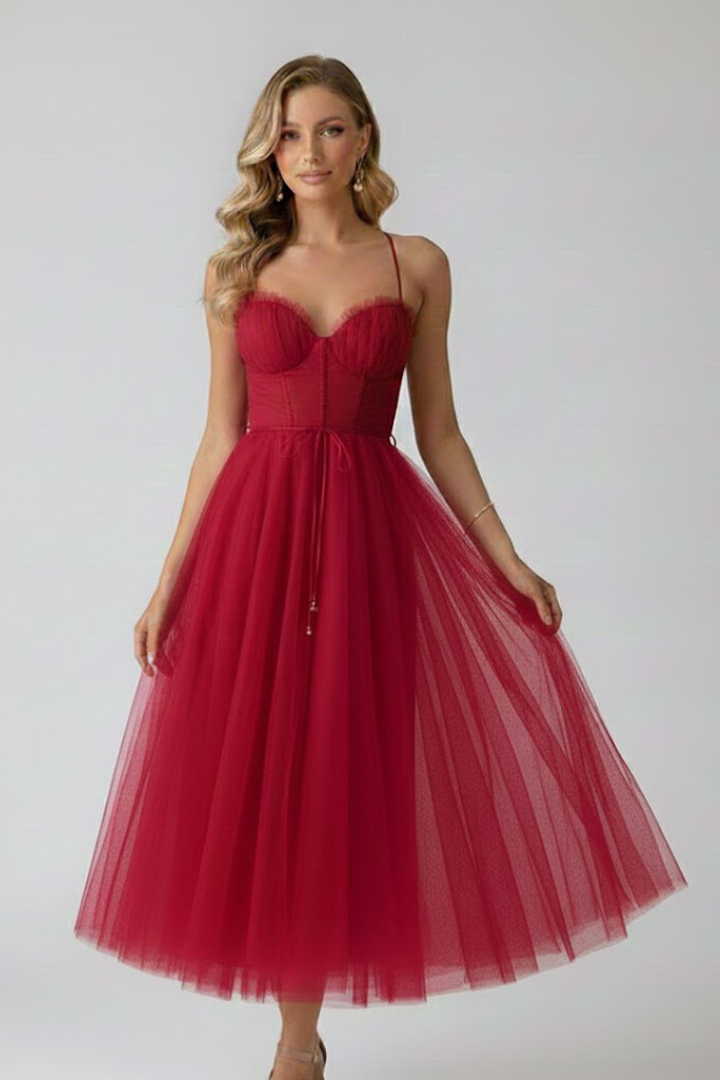 Women's cocktail midi tulle dress, elegant sweetheart neckline & delicate straps. Perfect for celebrations.