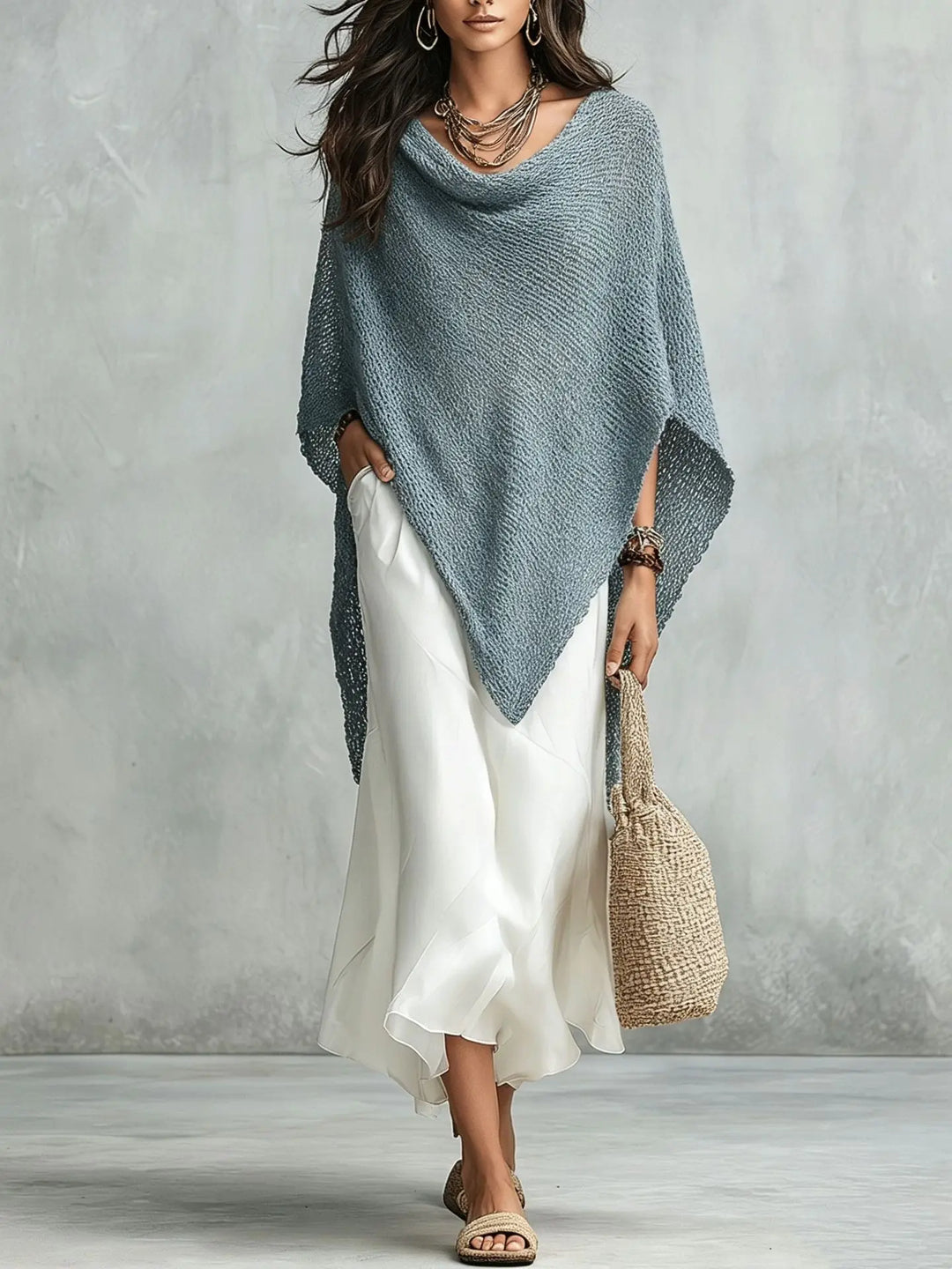Elegant women's two-piece poncho & maxi dress set. Versatile for day to night wear.