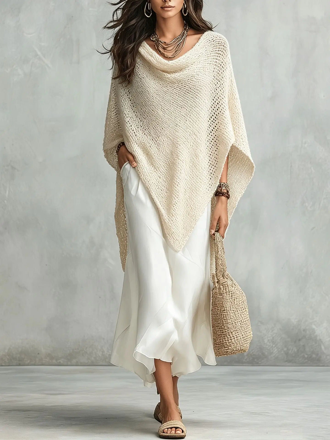 Relaxed fit women's two-piece set featuring an elegant poncho and long maxi dress.