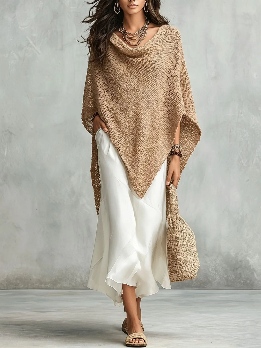 Versatile women's poncho and maxi dress ensemble. Perfect for elegant day to night fashion.