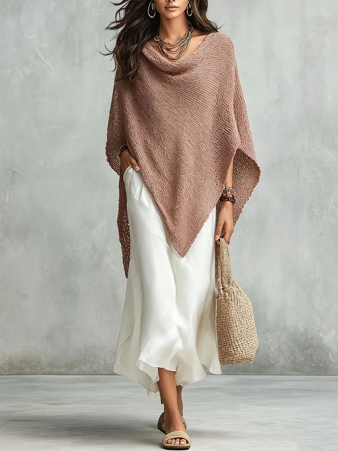 Chic women's two-piece outfit with a relaxed poncho and elegant maxi dress. Day to night style.