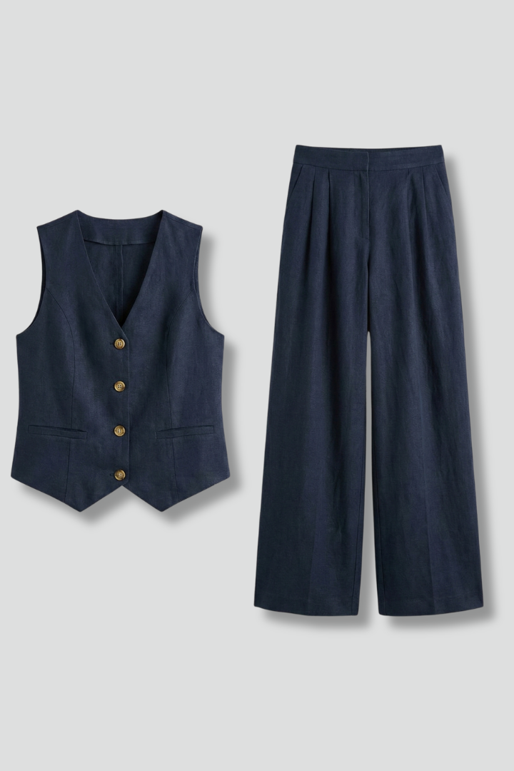 Elegant women's two-piece set featuring a V-neck waistcoat and high-waist wide-leg trousers. Chic spring/summer fashion.