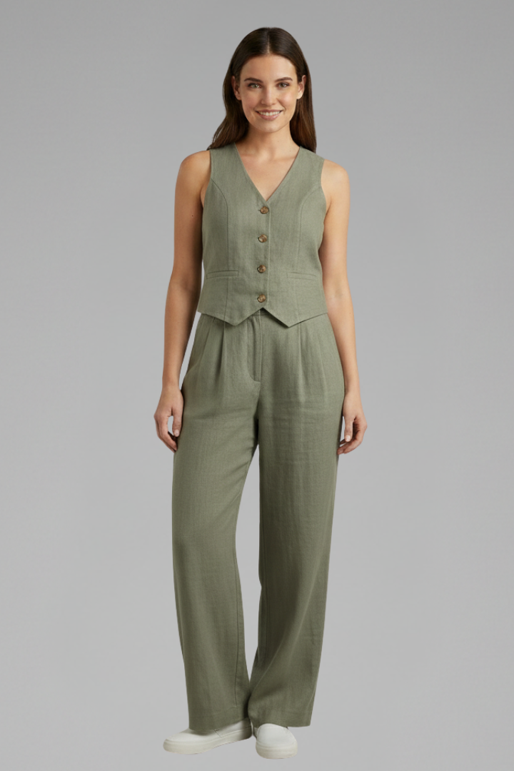 Versatile women's two-piece set: V-neck waistcoat & wide-leg trousers. Elegant fashion for spring and summer.