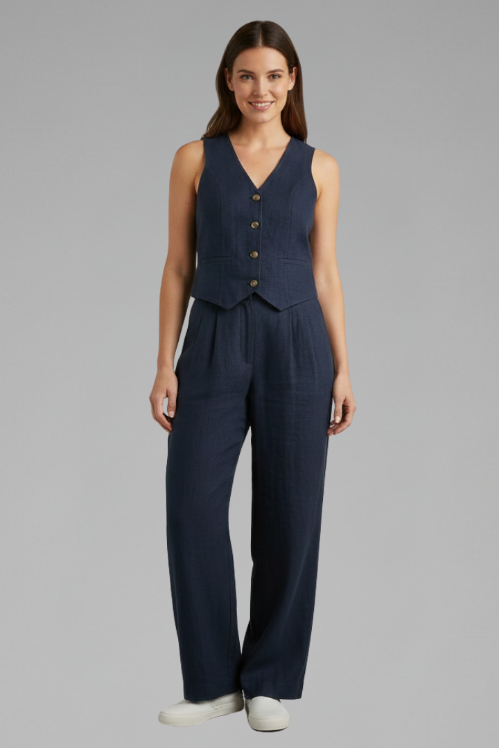 Chic women's matching outfit: sleeveless V-neck waistcoat & flowy wide-leg pants. Versatile elegant style for spring.