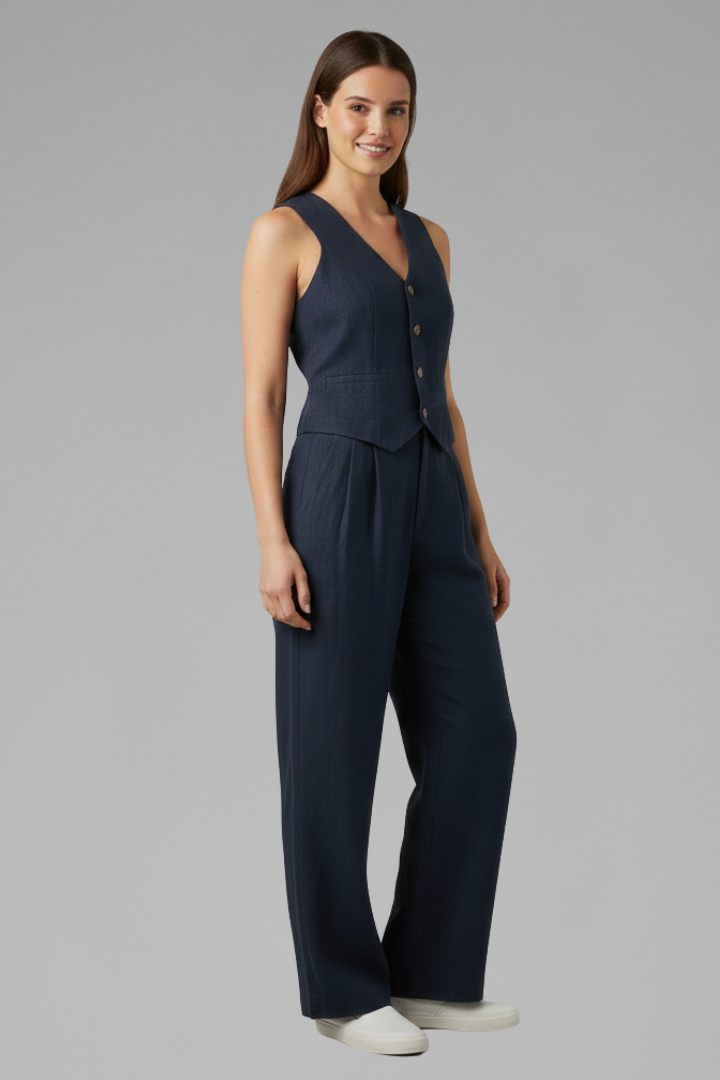 Fashionable women's matching set: V-neck waistcoat & wide-leg high-waist pants. Versatile casual elegant ensemble.
