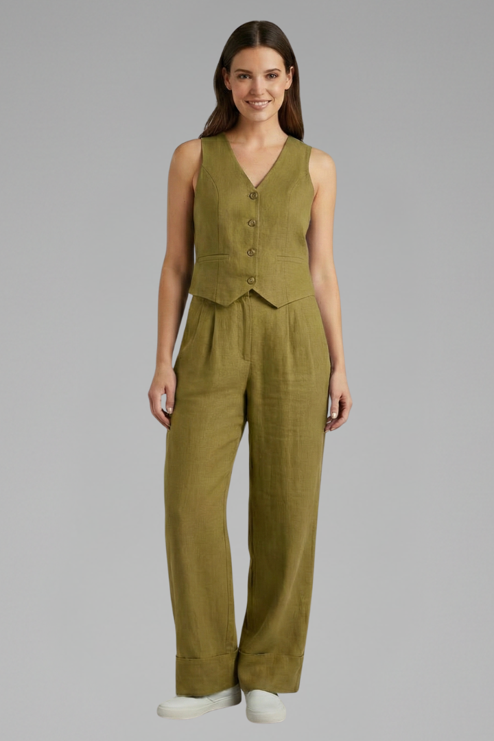 Sophisticated women's two-piece set with a chic V-neck waistcoat and elegant wide-leg trousers. Spring/summer style.