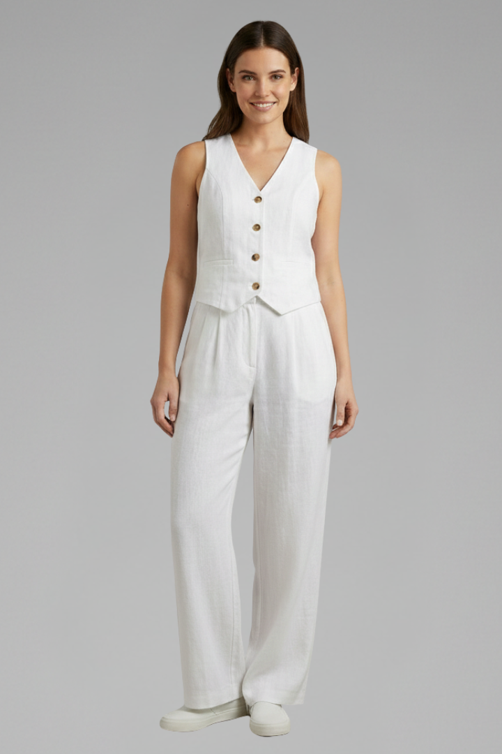 Casual elegant women's two-piece set: V-neck waistcoat & flowy wide-leg pants. A comfortable spring/summer outfit.