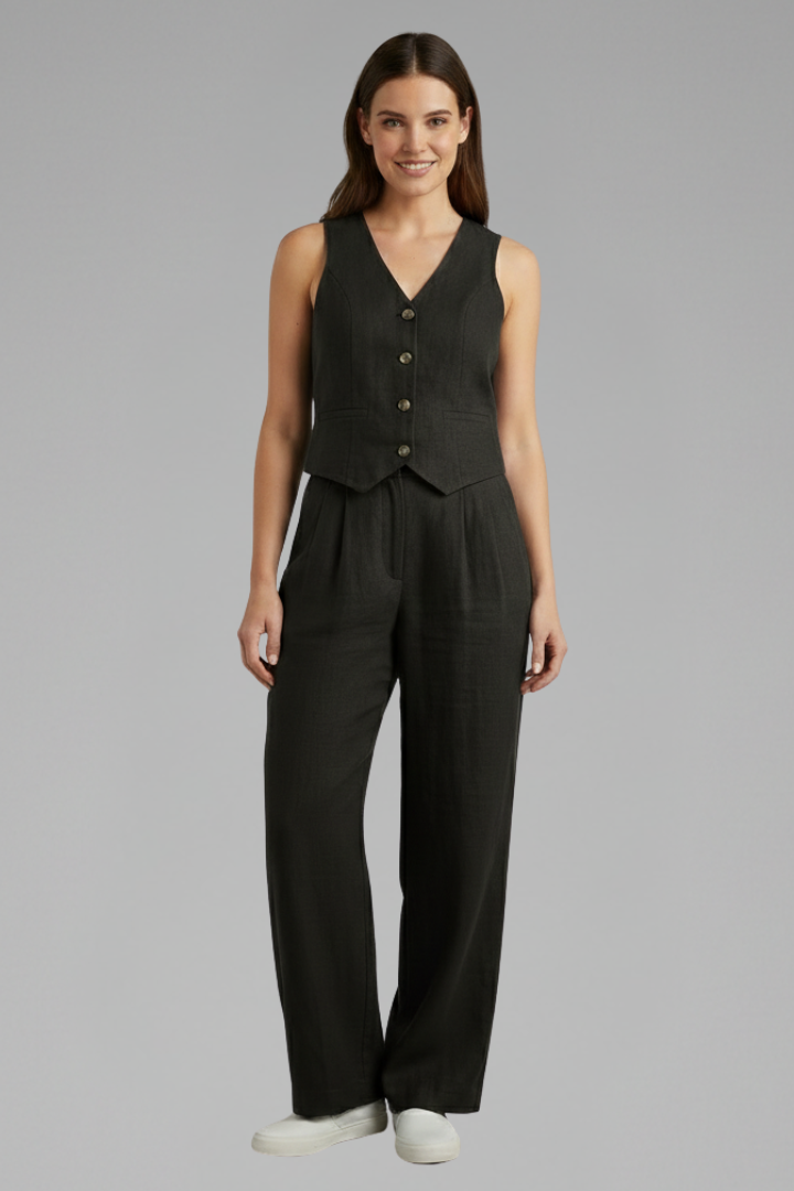 Stylish women's matching ensemble with a V-neck waistcoat and comfortable high-waist wide-leg trousers.