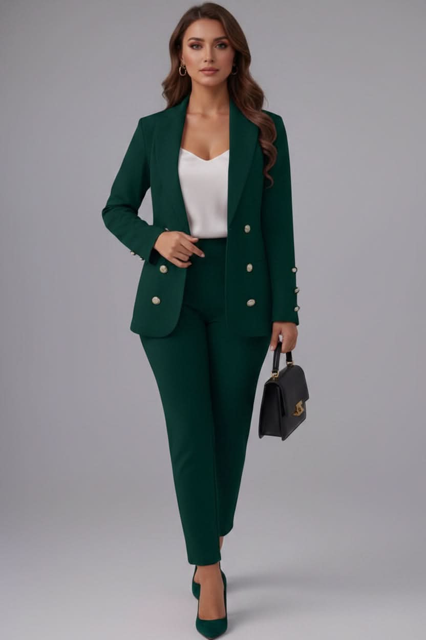 Tailored women's professional suit set. Elegant cami top & straight-leg pants for a sophisticated business casual style.