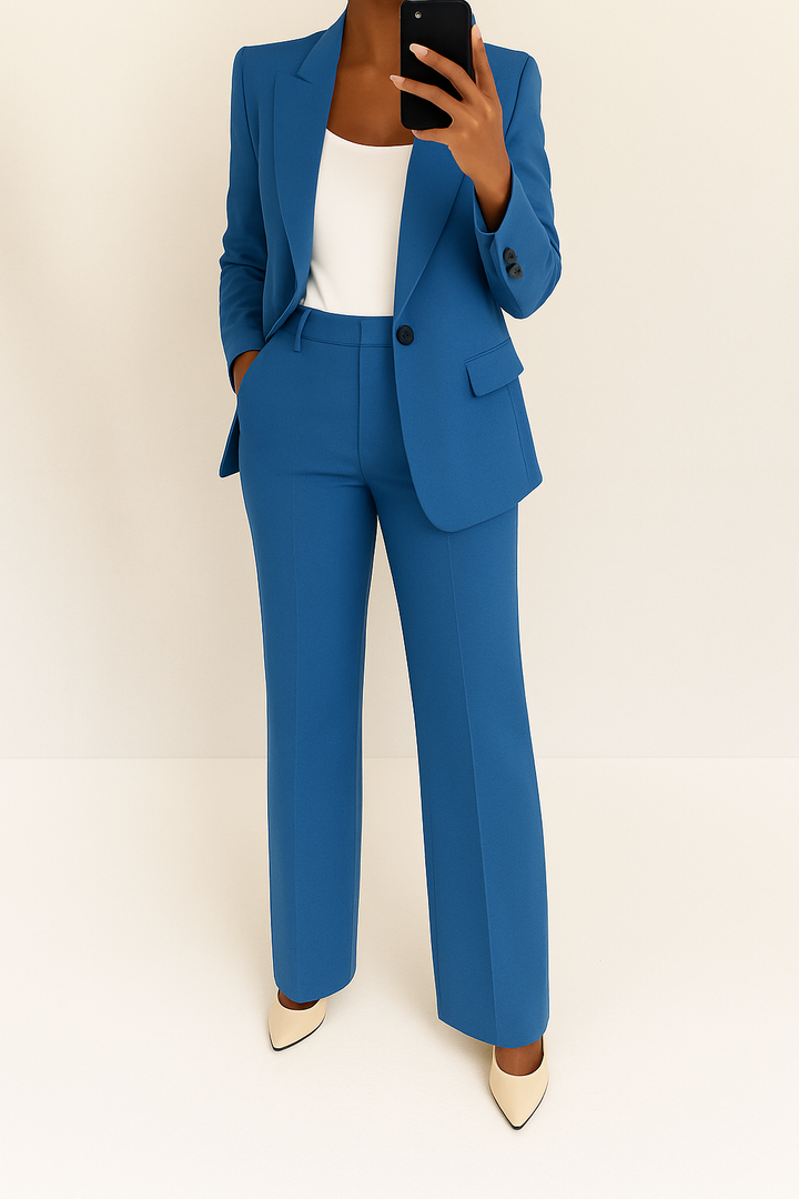 Elegant women's two-piece suit: tailored blazer & straight-leg trousers, perfect for professional office wear.