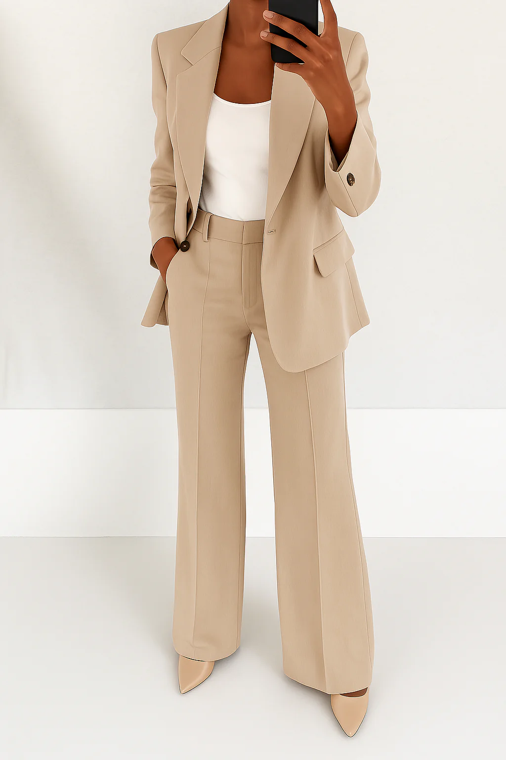 Professional women's suit with a chic blazer and elegant straight-leg trousers for workwear attire.