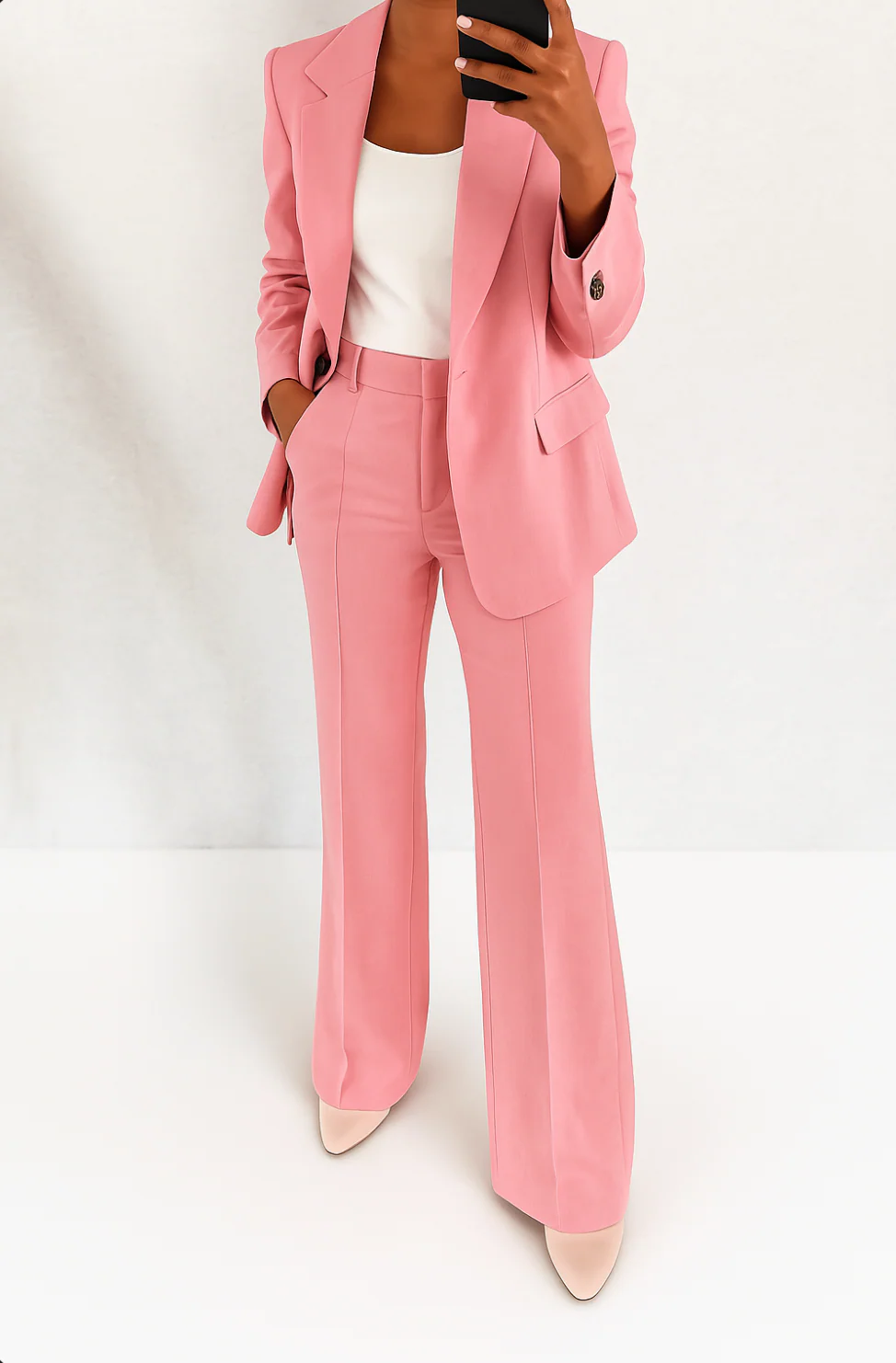 Flattering straight-leg trousers, essential for a women's elegant two-piece suit & professional work wardrobe.