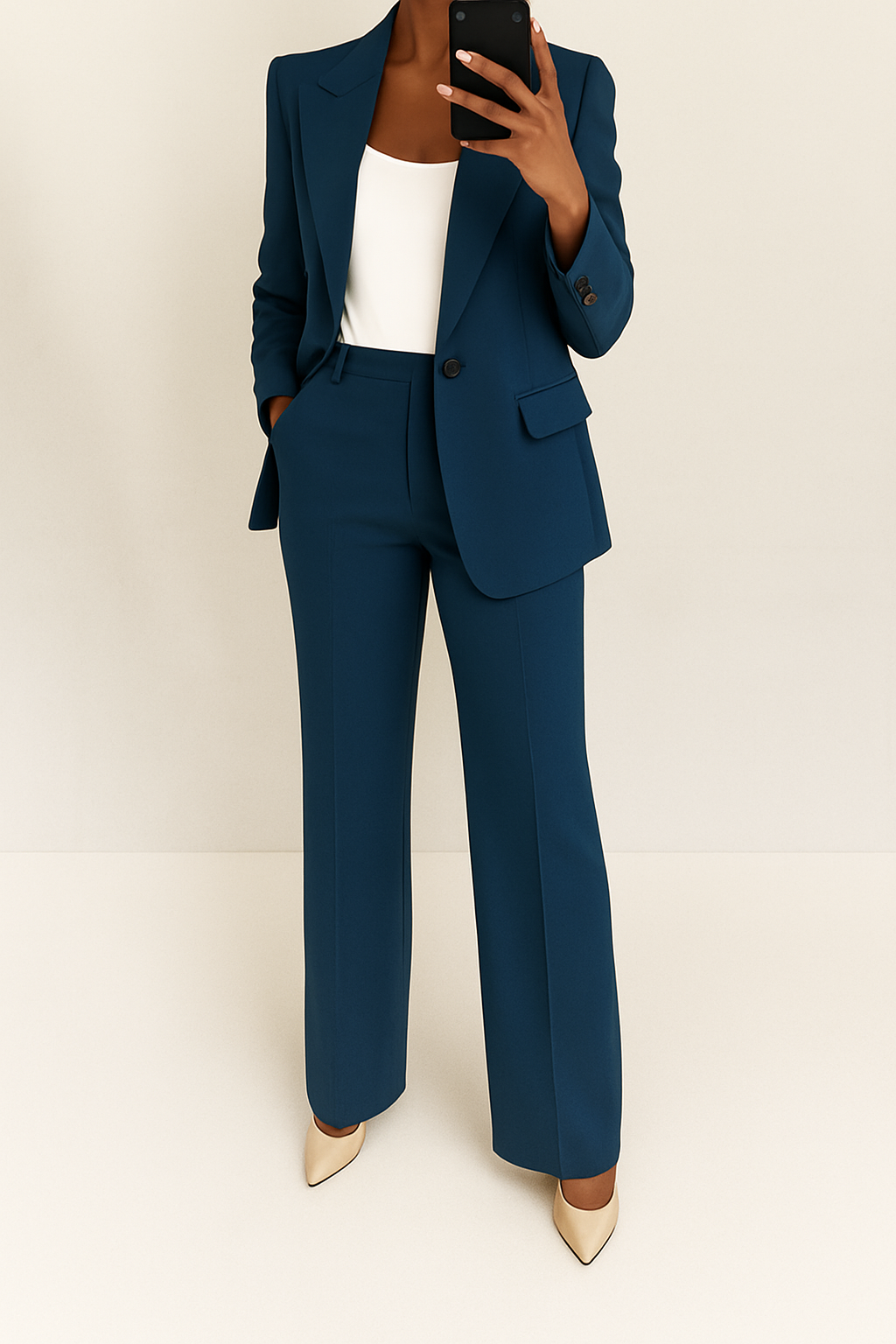 Modern women's formal two-piece outfit featuring a well-fitted blazer & sleek straight-leg trousers.