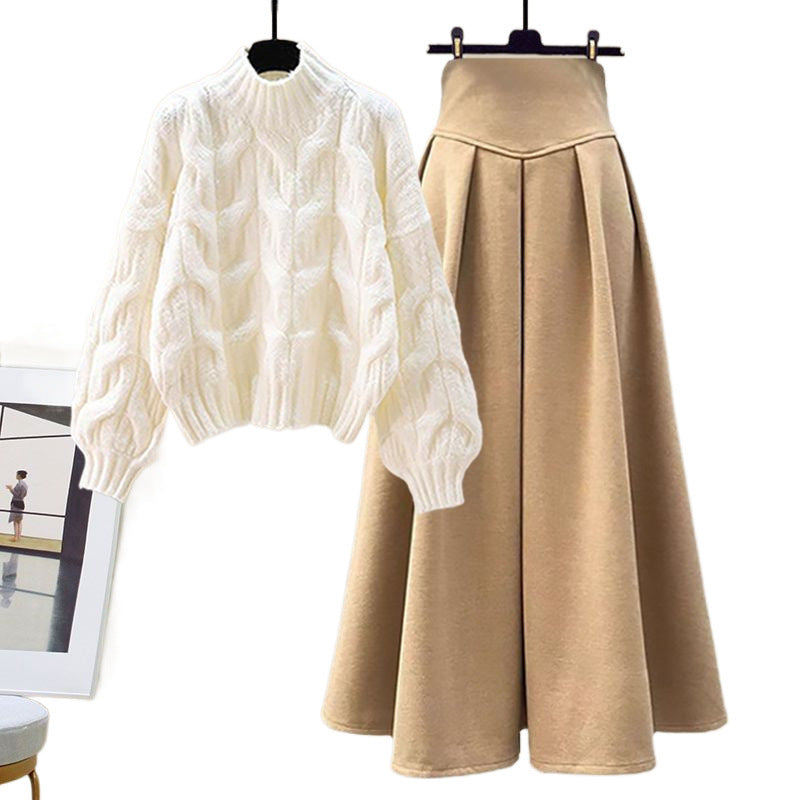 Elegant women's two-piece sweater & pleated skirt set. Versatile fall fashion outfit for chic style.