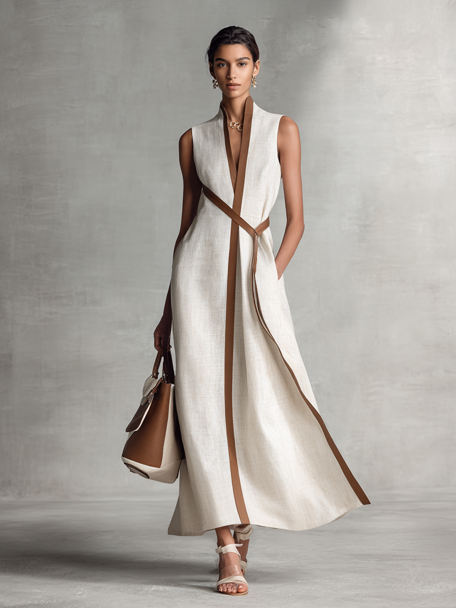 Chic sleeveless V-neck A-line maxi dress for women, ideal for weddings, cocktail parties, and sophisticated events.