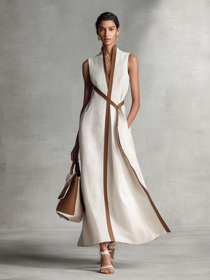 Chic sleeveless V-neck A-line maxi dress for women, ideal for weddings, cocktail parties, and sophisticated events.