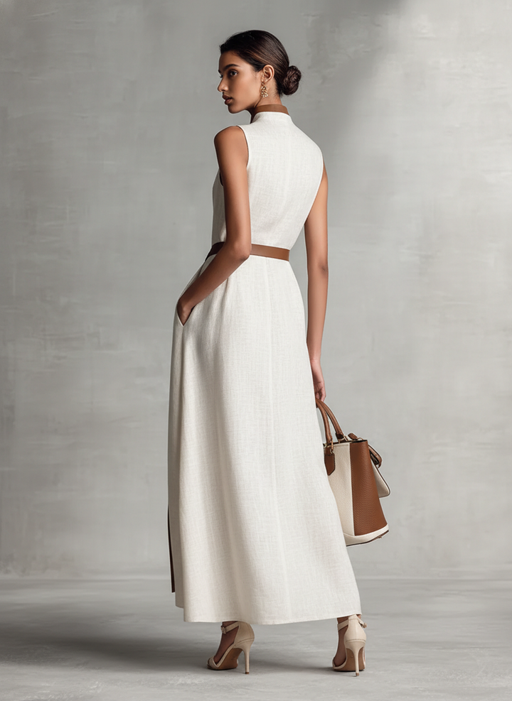 Versatile women's elegant V-neck A-line maxi dress, sleeveless, ideal for wedding guests, cocktail parties & summer events.
