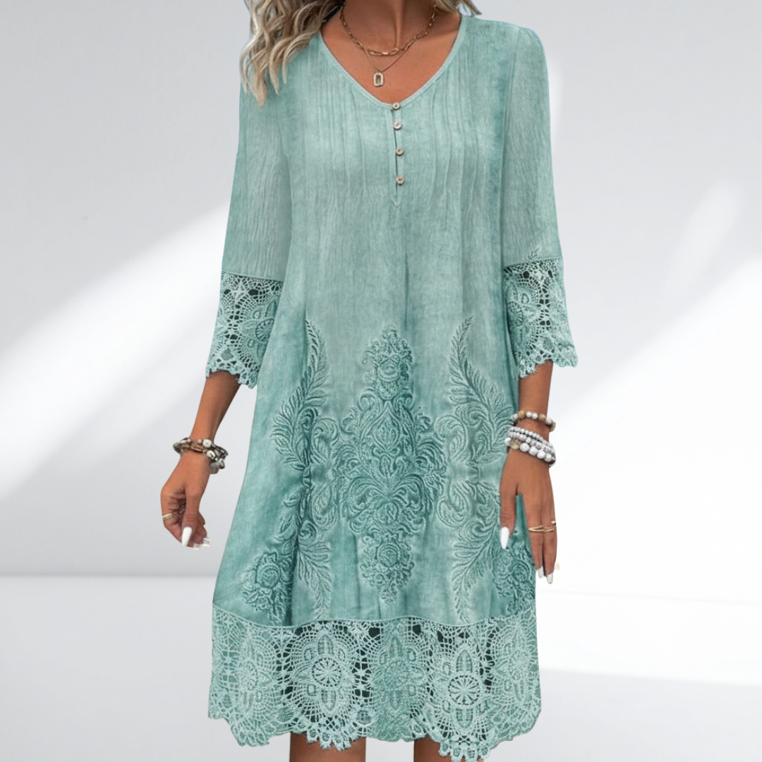 Elegant women's V-neck A-line midi dress with intricate embroidery, perfect for spring and summer casual wear.