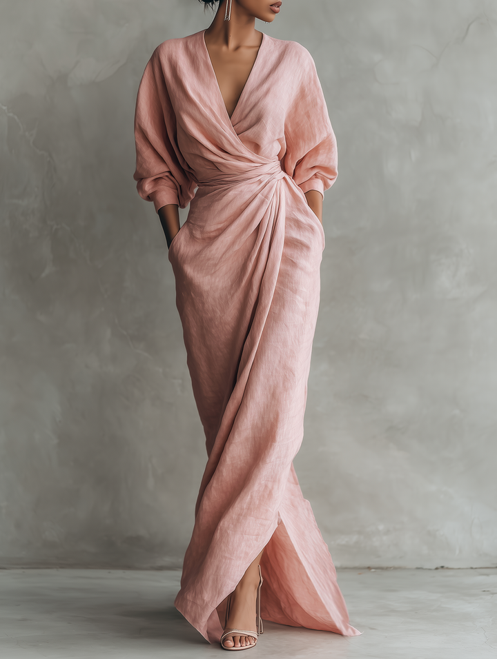 Elegant women's V-neck batwing maxi dress, perfect for wedding guests & evening events.