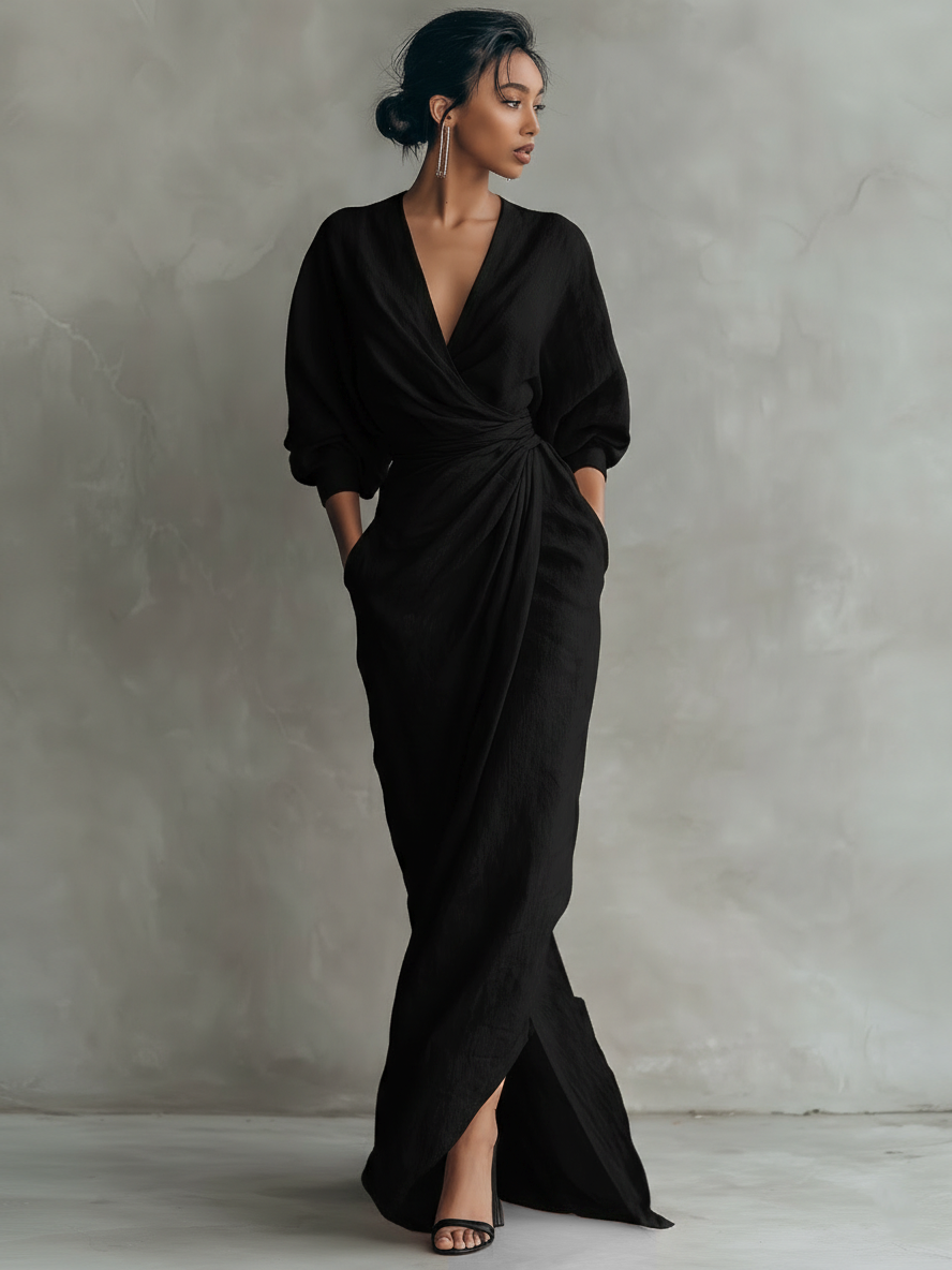 Stunning V-neck batwing maxi dress for women, a sophisticated choice for wedding guests & celebrations.