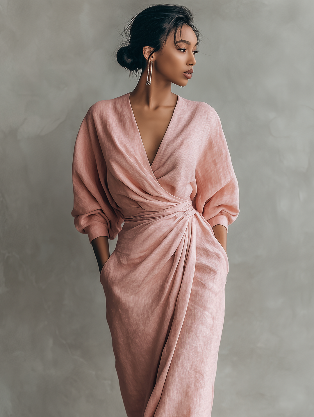 Versatile women's V-neck batwing maxi dress, perfect as a formal party or elegant wedding guest dress.