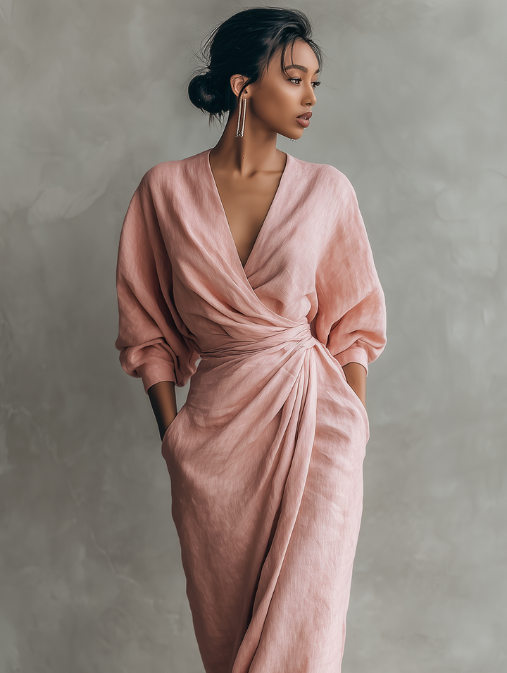 Versatile women's V-neck batwing maxi dress, perfect as a formal party or elegant wedding guest dress.