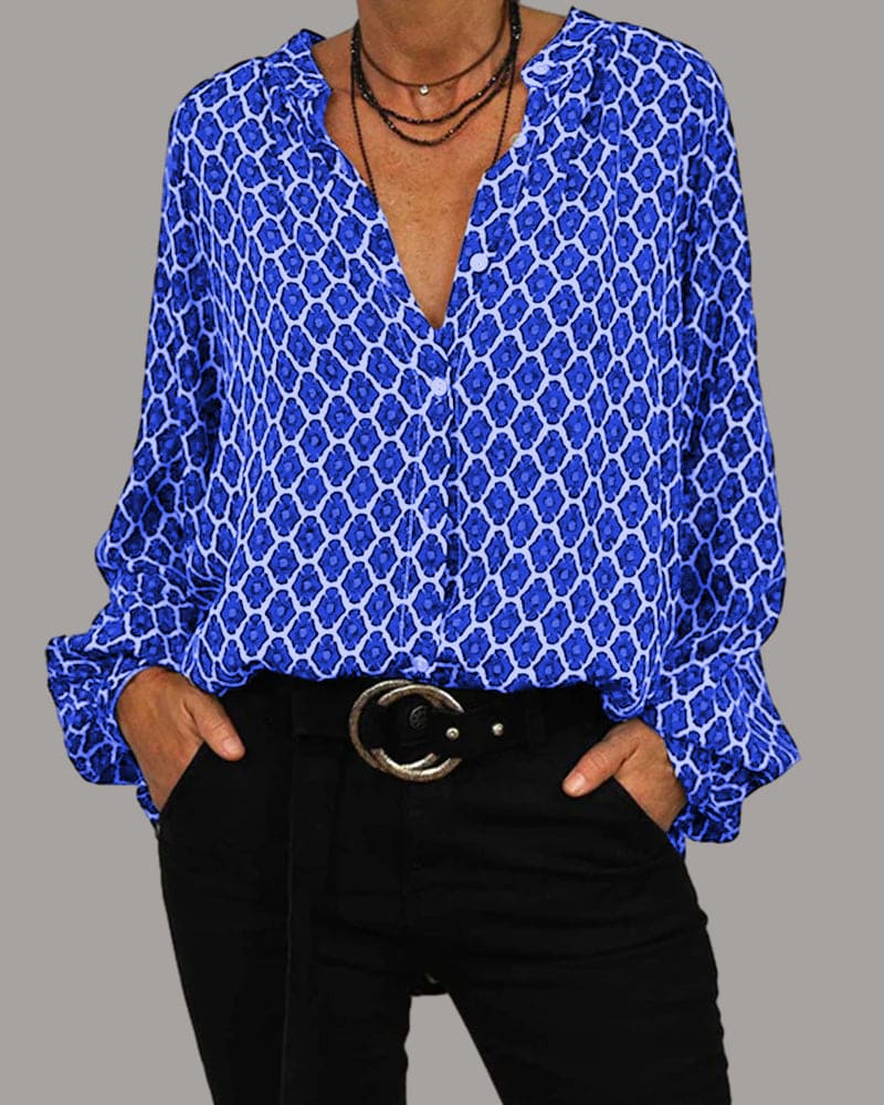 Elegant women's V-neck blouse, long sleeve, perfect for versatile casual to formal fashion. Chic & comfortable.