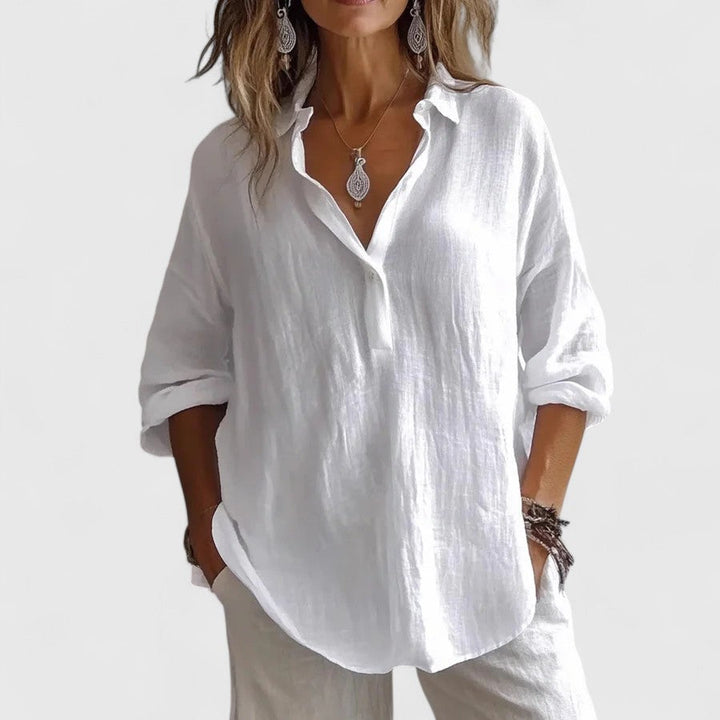 Women's chic V-neck blouse, designed for effortless style and comfort; suitable for spring, summer, office & casual events.