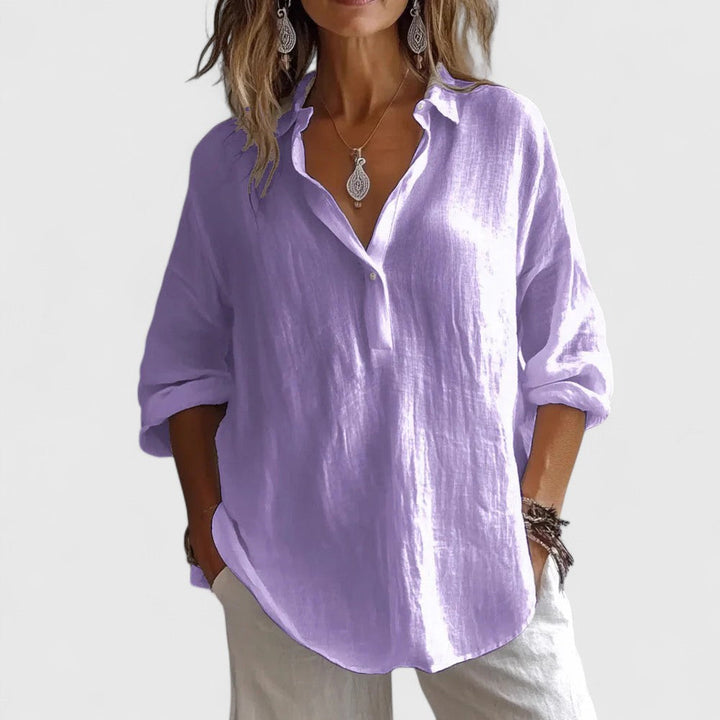 Stylish women's V-neck blouse, an elegant top offering comfort and versatility for spring, summer, office, or casual wear.