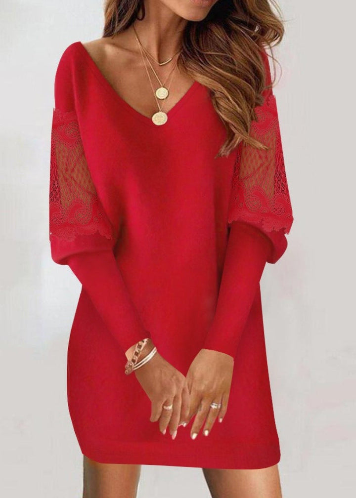 Stylish women's mini dress with a flattering V-neck, form-fitting bodycon silhouette, and chic lace sleeves.