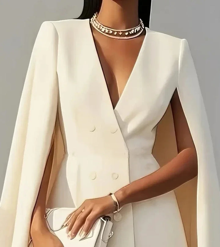Sophisticated women's mini blazer dress featuring unique cape sleeves and a flattering V-neckline for parties.