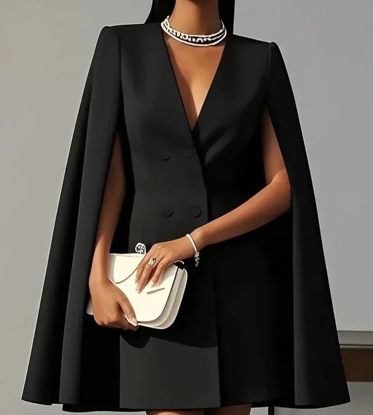 Polished women's V-neck blazer mini dress with intricate double-breasted button details, a versatile party dress.