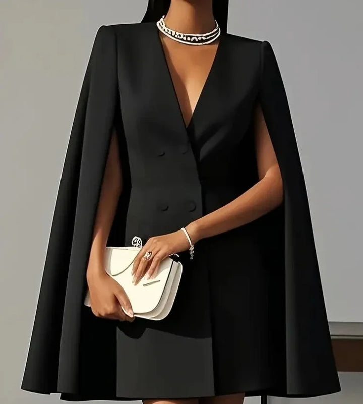 Polished women's V-neck blazer mini dress with intricate double-breasted button details, a versatile party dress.