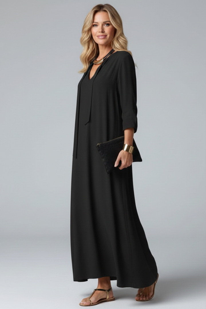 Elegant V-neck long sleeve maxi dress for women. Ankle-length, comfortable, and highly versatile.