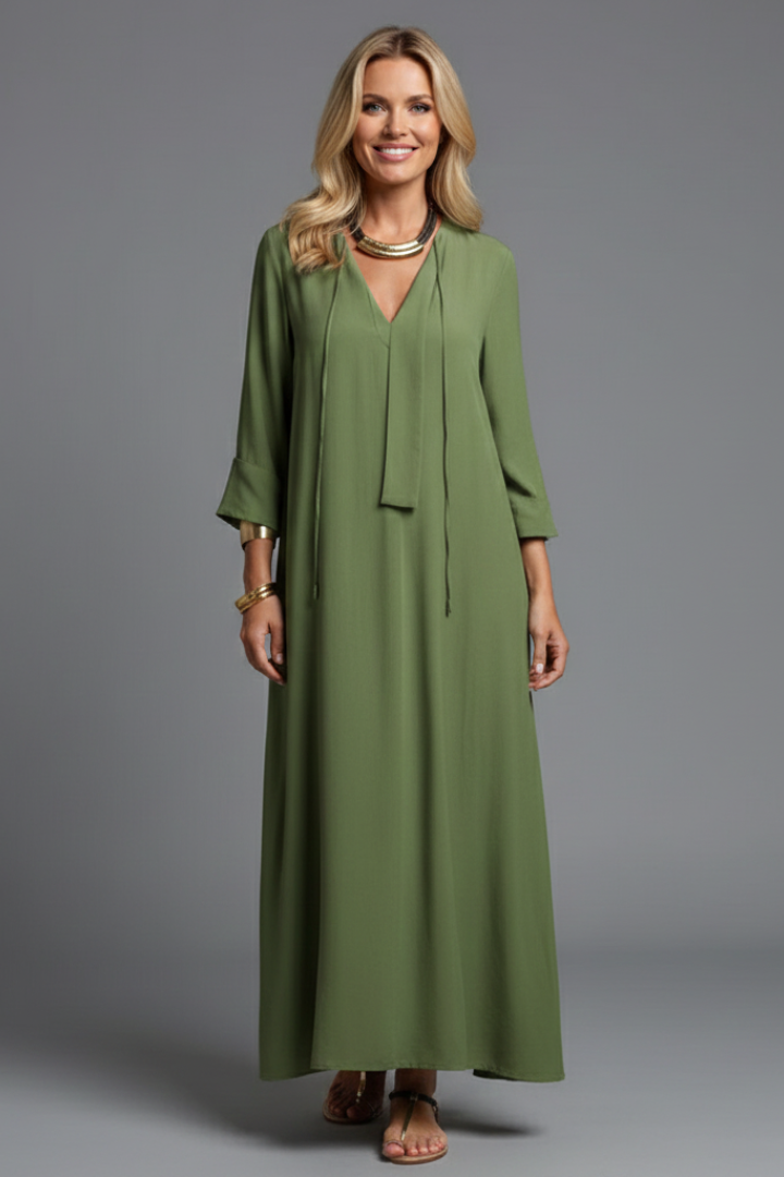 Women's V-neck long sleeve ankle-length dress. Elegant, flattering, and a sophisticated everyday maxi.