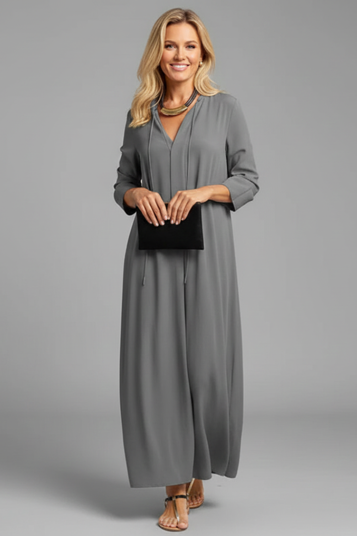 Feminine V-neck long sleeve ankle-length dress. Comfortable maxi for women, perfect for versatile styling.